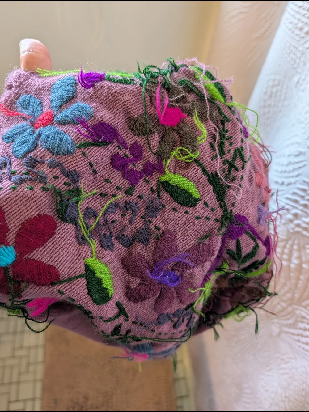 Hand-Embroidered Purple Floral Tote Bag